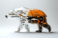 Double exposure polar bear silhouette combining arctic wilderness with vibrant autumn forest landscape against white background, creative nature concept.