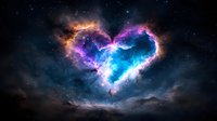 Heart-shaped nebula glowing with vibrant purple, blue, and orange cosmic energy against starry space background for romantic and fantasy designs.