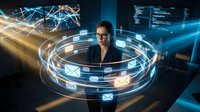 Man in business attire surrounded by glowing digital network ring with email icons, representing data communication, cybersecurity, and modern technology solutions for corporate environments.
