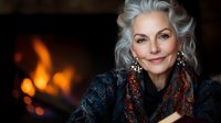 Elegant mature woman with silver hair sitting by warm fireplace, wearing colorful scarf and earrings, cozy home interior atmosphere for lifestyle content.