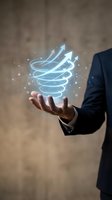 Businessman holding glowing upward arrows and spiral growth symbol with network connections, representing business growth, success, and digital transformation strategy.