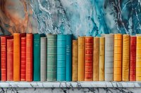 Colorful vintage books arranged in rainbow order on marble shelf against abstract fluid art wall background in turquoise and copper tones. For interior design.
