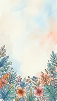 Watercolor floral border with tropical leaves and hibiscus flowers in soft pastel tones, copy space for text, great for cards and social media.