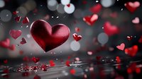 Red heart floating in dark space with bokeh lights and scattered smaller hearts creating romantic atmosphere for Valentine's Day or love celebration.
