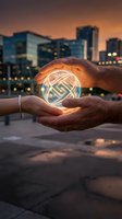 Hands protecting glowing geometric orb with intricate light patterns against urban sunset skyline for business collaboration and innovation concepts.