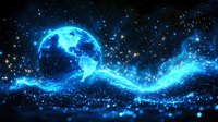 Glowing blue planet Earth with digital network connection stream against starry space background, representing global technology and connectivity.