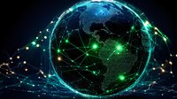 Digital globe with glowing network connections and dots representing worldwide data exchange in blue and green neon lights against dark background.