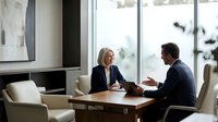Two professionals engaged in discussion at wooden table by large windows in modern office setting.