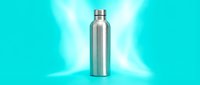 Stainless steel water bottle on turquoise background with glowing light rays, isolated for product mockups and beverage packaging designs.