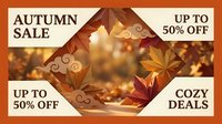 Autumn sale banner with golden maple leaves and warm bokeh background featuring discount offers and cozy deals promotional design for seasonal marketing.