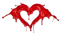 Red liquid paint splash forming heart shape with dripping drops isolated on white background for romantic design projects.