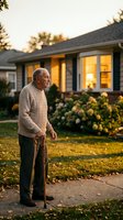 Senior Caucasian man with walking cane standing in front of suburban home during golden hour sunset with warm glowing windows and autumn landscaping.
