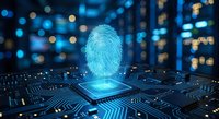 Digital fingerprint hologram on computer chip with circuit board patterns against blurred city lights background for cybersecurity and biometric technology concepts.