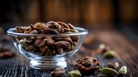 Mixed nuts and dried fruits in glass bowl on rustic wooden table for healthy snacking and cooking ingredients.