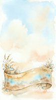 Watercolor desert landscape with flowing ribbon banner, wheat grass, and botanical elements on isolated white background, suitable for greeting cards and design projects.