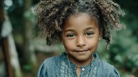 Young African American girl with curly hair smiling outdoors in denim shirt. Natural portrait of happy child in garden setting for family lifestyle content.
