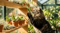 Curious tabby cat reaching up to sniff potted plants on wooden shelves in a sunny greenhouse, capturing playful pet behavior.