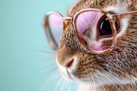 Close up portrait of brown rabbit wearing pink round sunglasses against mint green background. Trendy and whimsical pet photography with soft focus.