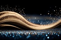 Golden flowing wave with sparkling particles and bokeh lights on dark background for luxury design projects and elegant presentations.