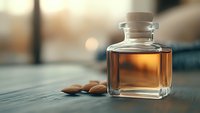 Amber liquid in glass bottle with cork stopper and almonds on wooden surface for aromatherapy and wellness products.