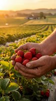 Farmer hands holding fresh ripe strawberries at sunset in agricultural field with mountain landscape background for organic farming and harvest concepts.