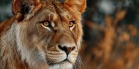 Majestic female lion portrait with amber eyes against blurred natural background, showcasing powerful feline predator in warm golden light.