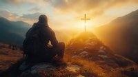 Silhouette of person sitting on mountain peak at sunset, contemplating glowing Christian cross on distant hilltop against dramatic golden sky and mountain landscape.