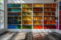 Rainbow colored books arranged on white wooden shelves in library room with natural light streaming through windows onto wooden floor. Spectrum display.