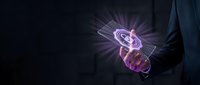 Businessman hand holding glowing dollar sign with purple light rays on dark background for financial technology and digital banking concepts.