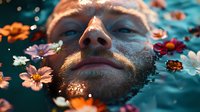 Close up portrait of bearded Caucasian man floating in turquoise water with white and orange flowers, eyes closed in peaceful meditation, wellness concept.