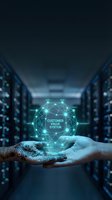 Hand holding glowing digital network sphere labeled customer value system with trust and loyalty nodes in data center environment for business technology concepts.