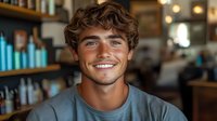 Young Caucasian male with curly brown hair and bright smile wearing grey t-shirt in modern barbershop interior with blurred background of hair products and warm lighting.