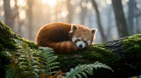 Red panda resting on moss-covered tree branch in forest during golden hour sunlight. Wildlife photography showcasing endangered species in natural habitat.