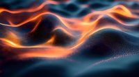 Abstract glowing orange wave lines flowing over dark blue particle surface, creating dynamic futuristic landscape with luminous energy streams.