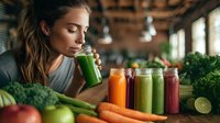 Young woman drinking fresh green smoothie in modern kitchen surrounded by colorful juice bottles and organic vegetables for healthy lifestyle and nutrition.