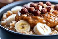 Oatmeal bowl topped with sliced bananas, hazelnuts and caramel sauce, close up view of healthy breakfast with natural ingredients and sweet toppings.