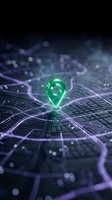 Glowing green location pin on futuristic digital map with purple neon pathways and bokeh lights for navigation and GPS technology concepts.