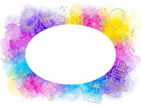 Colorful watercolor frame with gift boxes and ribbons surrounding white oval space for text or design elements. Party celebration background.
