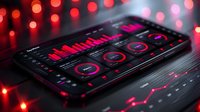 Mobile analytics dashboard with red glowing interface on smartphone screen, displaying data visualization charts and metrics against dark background with bokeh lights.