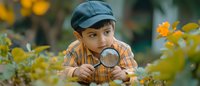 Curious Asian boy in newsboy cap exploring nature with magnifying glass among yellow flowers, expressing wonder and discovery in outdoor learning adventure.
