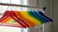 Colorful rainbow hangers arranged in spectrum order on closet rod creating vibrant organization system for wardrobe storage and home decor.