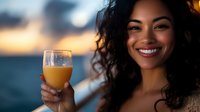 Happy young mixed-race woman with curly hair holding glass of orange juice smiling at camera during golden hour sunset with warm bokeh background.