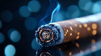 Burning cigar with rising smoke and glowing ash against dark background with bokeh lights creates dramatic luxury atmosphere for lifestyle photography.