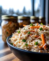 Fresh coleslaw with shredded cabbage, carrots and green onions in black bowl, canning jars in background, served on wooden table near window.