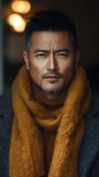 Asian male model in his forties wearing mustard yellow knit scarf and dark coat, looking confidently at camera against blurred background with warm bokeh lights.