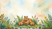 Brown bear family resting among lush green plants, ferns, and wildflowers in natural woodland setting. Watercolor illustration for children's books, nursery decor, and educational materials.