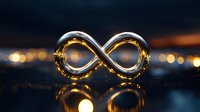 Golden infinity symbol with glowing reflection on dark surface against blurred city lights background for luxury branding and eternal concepts.