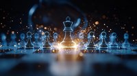 Glowing chess pieces on dark background with king in center surrounded by magical light effects and bokeh, symbolizing strategy and leadership in business.