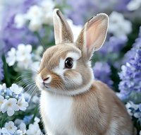 Cute tan and white rabbit surrounded by purple and white flowers in garden setting, suitable for Easter, spring, nature, and children's content.