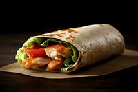 Fresh shrimp wrap with lettuce, tomato and sauce rolled in tortilla on brown paper against dark background. Appetizing close up of healthy fast food.